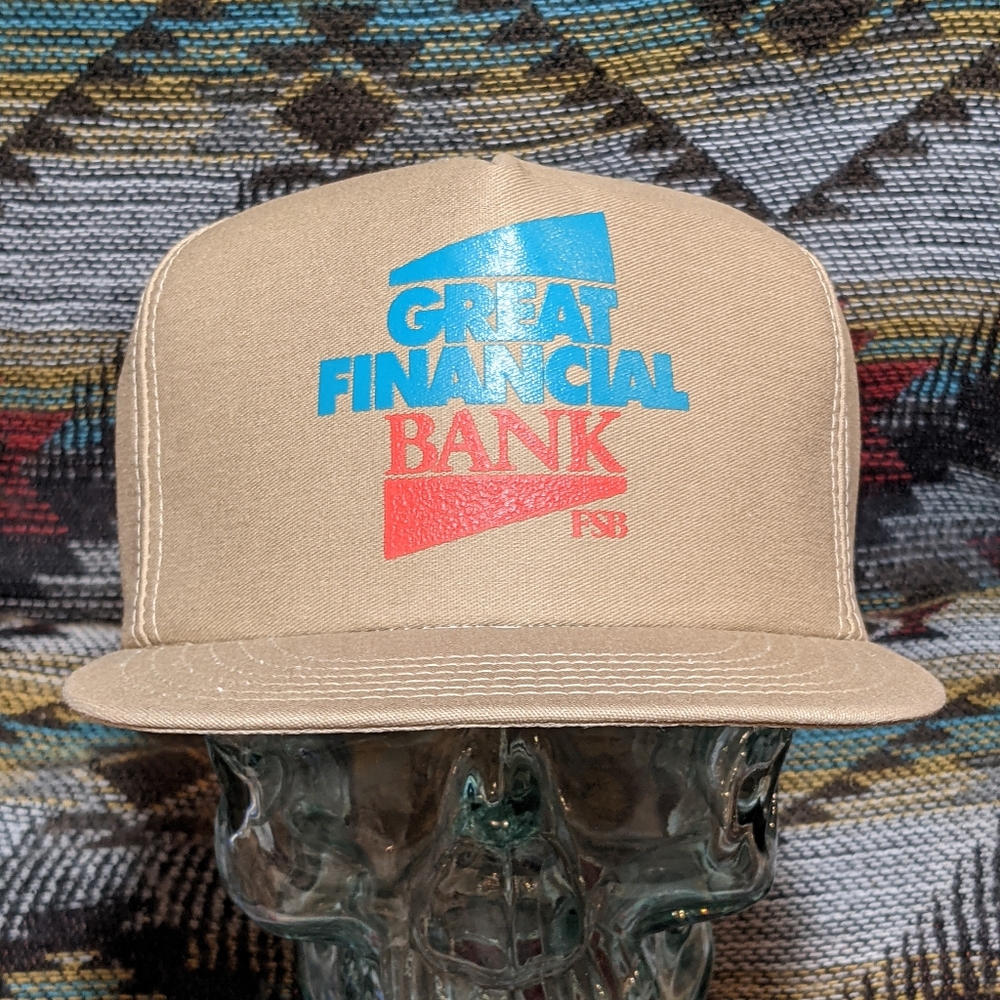 90s Great Financial Bank Heavy Khaki Canvas Snapback. Cleaned and reshaped.
